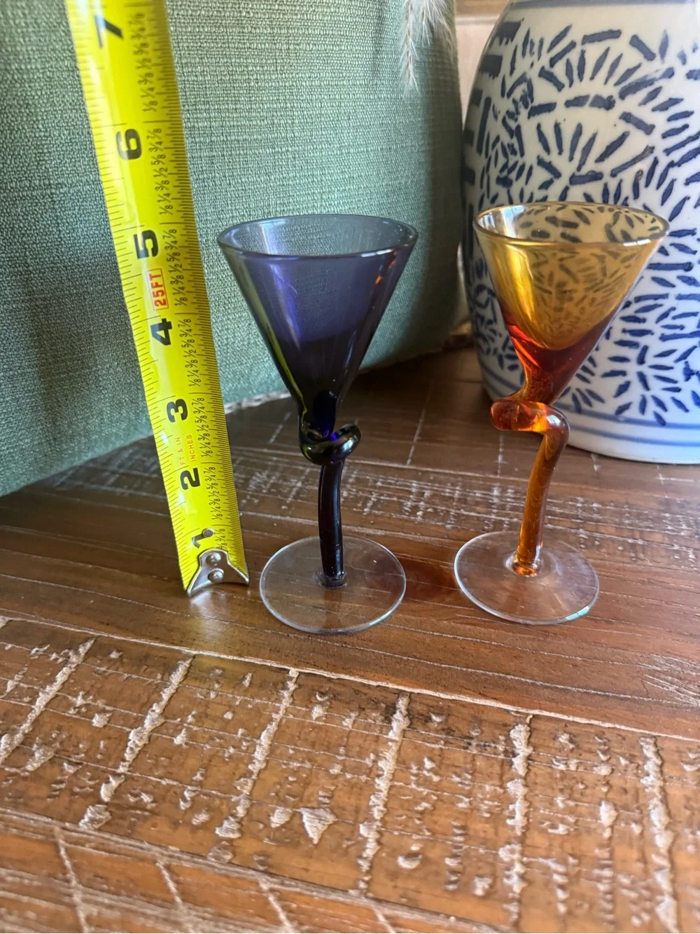 Pier 1 Imports Knotted Stem Martini Glasses Hand Blown Purple Amber Set of 2